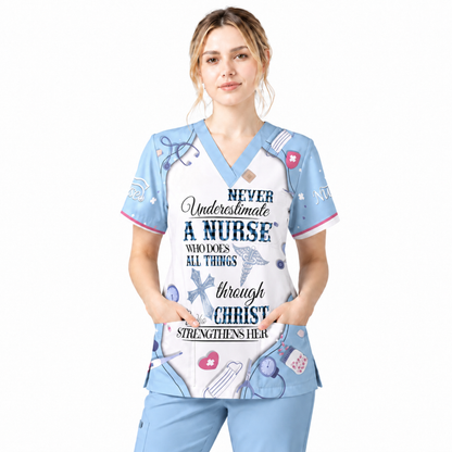 Nursing Faith Scrub For Women, Bible Verse All Things Through Christ Nurs Uniform, Religious Gift for Healthcare Professionals RN LPN CNA