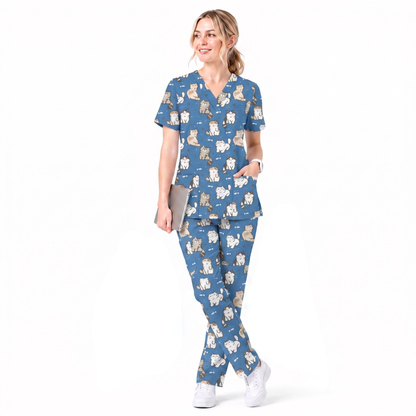 Funny Cat Scrub Set, Cute Cat Pattern Scrub For Nursing, Breathable Med Uniform
