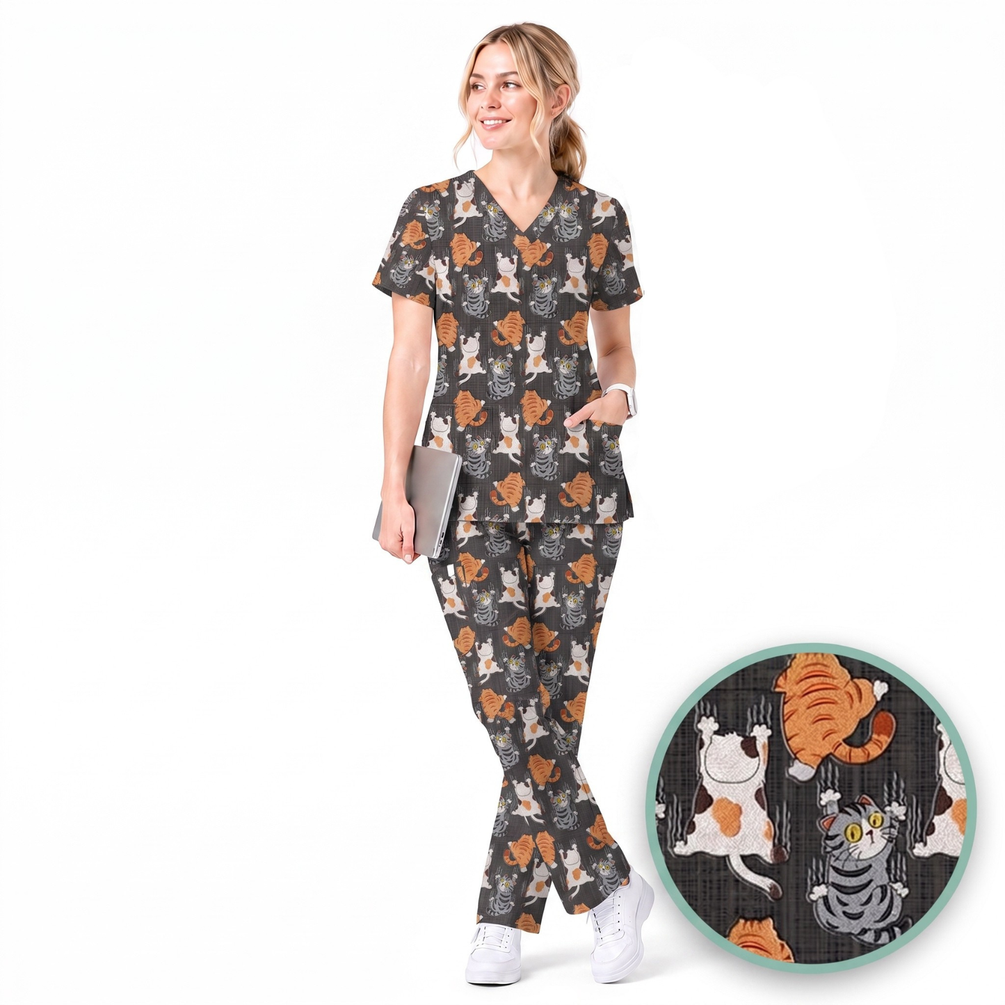 Cute Cat Pattern Nurse Scrub Top, Cats Medical Pattern Shirt, Breathable Fabrics Nursing Uniform