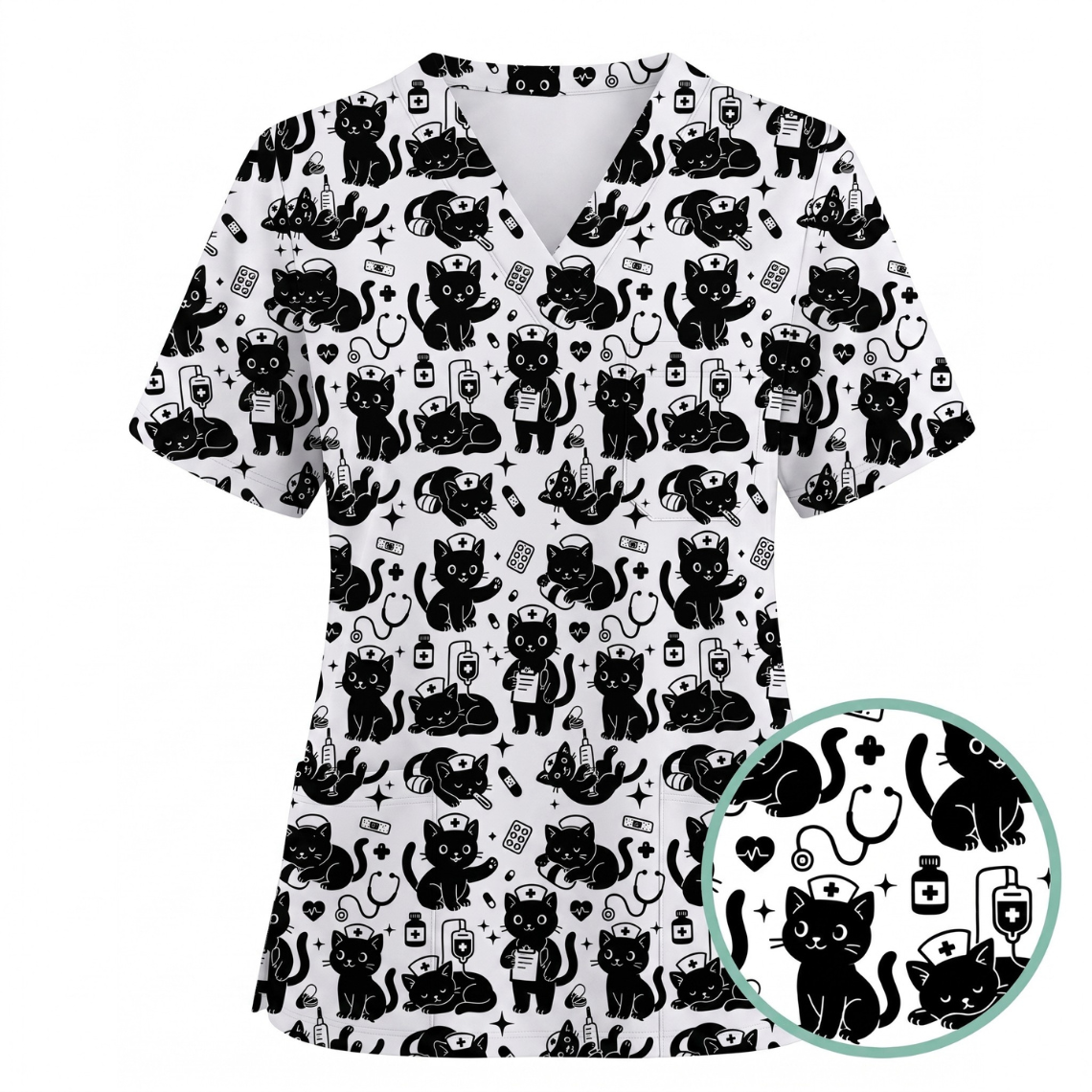 Funny Cat Pattern Scrub, Cute Black Cat Nurse Pattern Scrub Top, Breathable Fabrics Nursing Uniform
