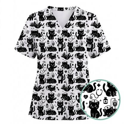 Funny Cat Pattern Scrub, Cute Black Cat Nurse Pattern Scrub Top, Breathable Fabrics Nursing Uniform