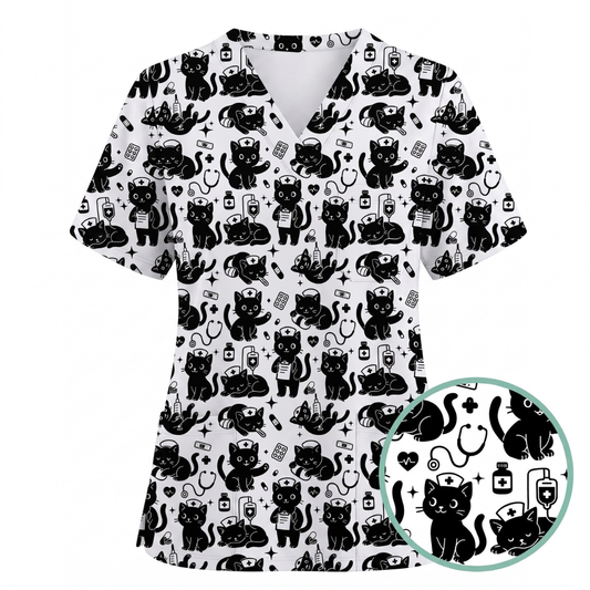 Funny Cat Pattern Scrub, Cute Black Cat Nurse Pattern Scrub Top, Breathable Fabrics Nursing Uniform