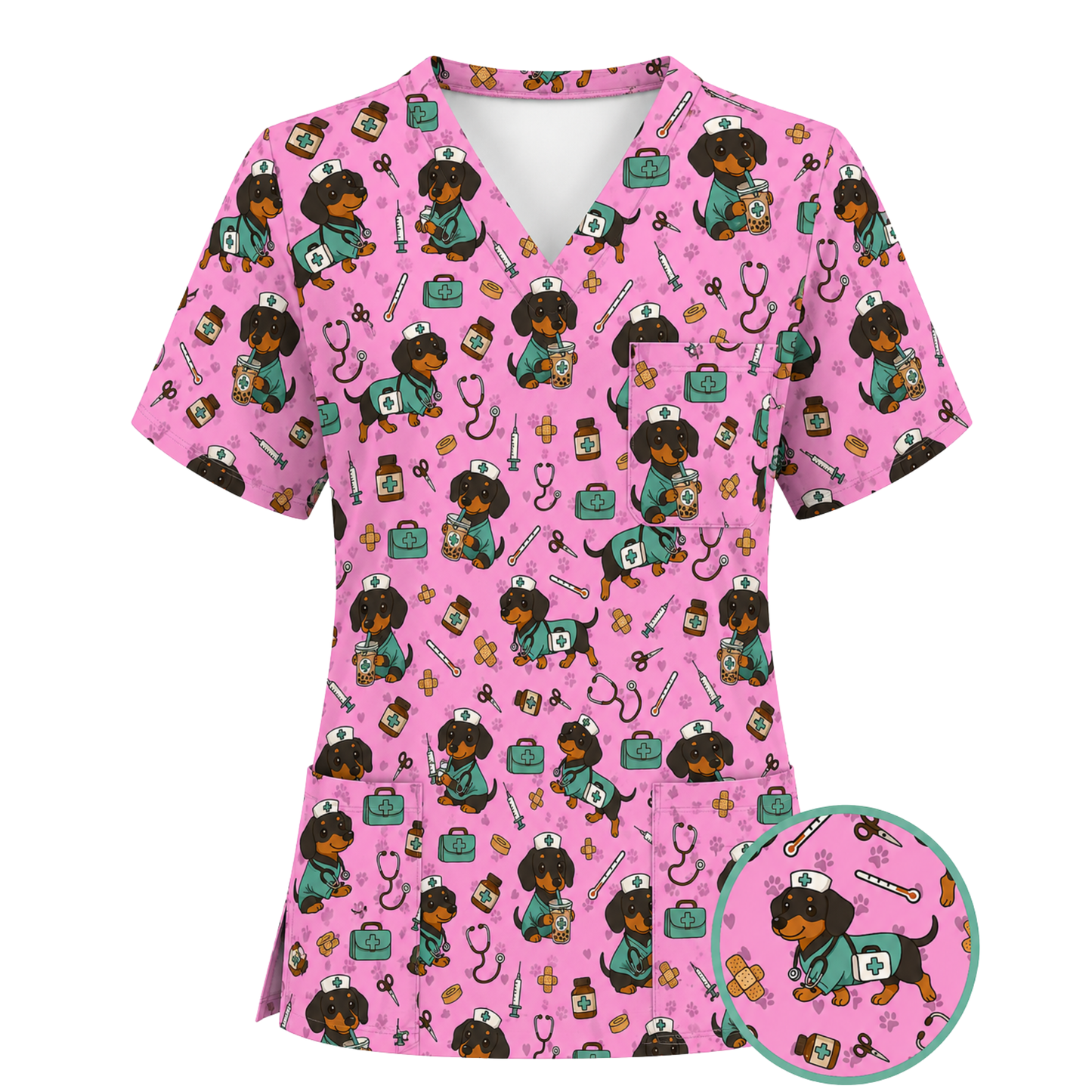 Funny Dachshund Pattern Medical Shirt Nursing, Cute Wiener Dog Nurse Scrub Top, Breathable Med Uniform, RN CNA Doctor Scrubs