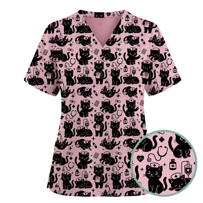 Funny Cat Pattern Scrub, Cute Black Cat Nurse Pattern Scrub Top, Breathable Fabrics Nursing Uniform
