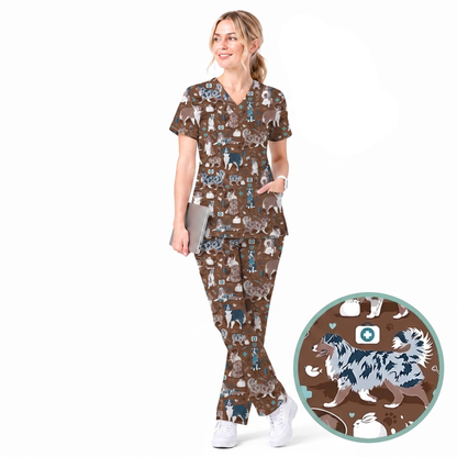 Cute Dog Pattern Veterinary Scrub Top, Breathable Fabrics Nursing Uniform, Gift For Nursing