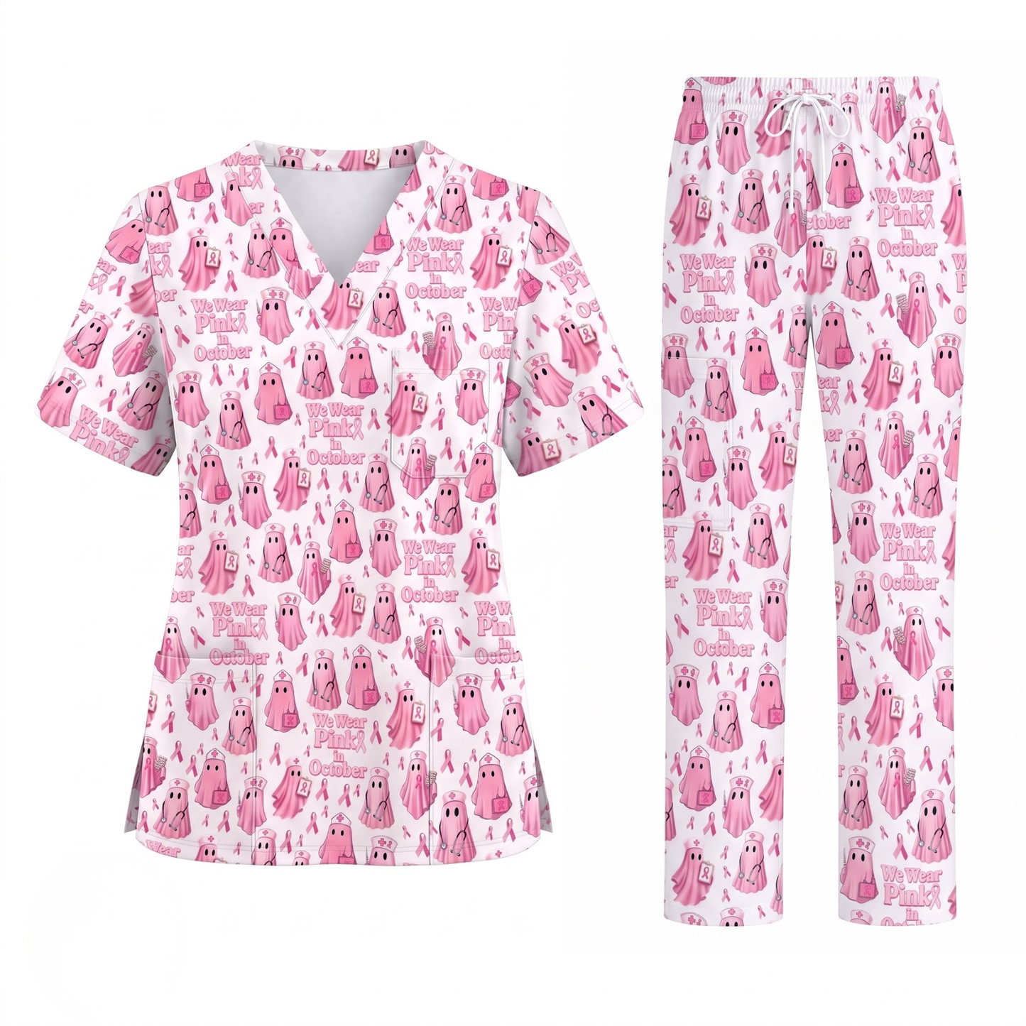 Funny Breast Cancer Awareness Scrub Top, We Wear Pink In October & Ghost Pattern Nurse Uniform, Gift for RN LPN CNA