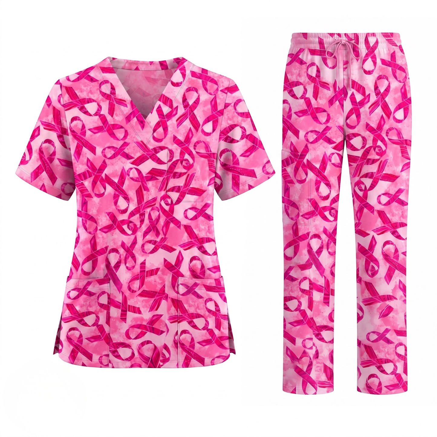 Breast Cancer Awareness Scrub Top for Women, Pink Ribbon Nursing Uniform, Support Breast Cancer Month Gift