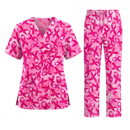 Breast Cancer Awareness Scrub Top for Women, Pink Ribbon Nursing Uniform, Support Breast Cancer Month Gift