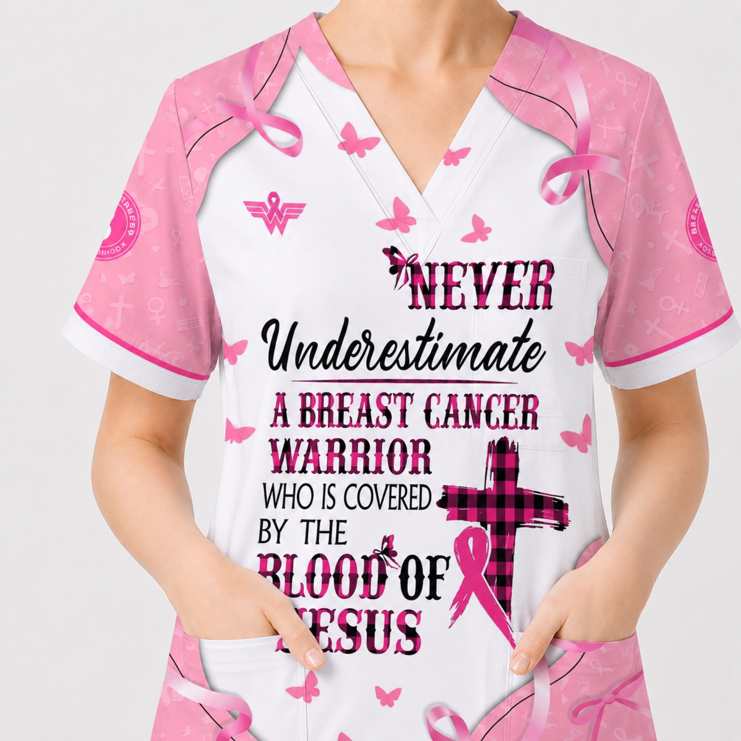 Christian Breast Cancer Awareness Shirt, Blood Of Jesus Quote Nursing Uniform, Gift for RN LPN CNA