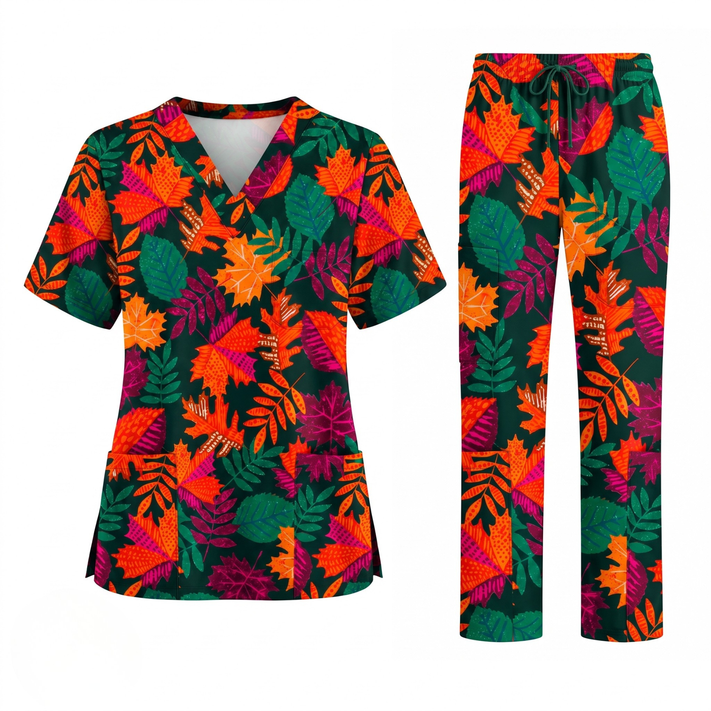Autumn Leaves Scrub Top for Women, Colorful Fall Foliage Nursing Uniform, Breathable Autumn Medical Scrub Shirt