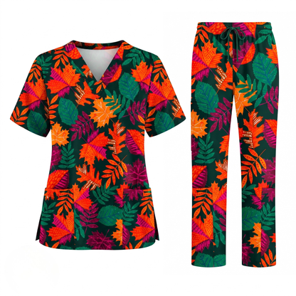 Autumn Leaves Scrub Top for Women, Colorful Fall Foliage Nursing Uniform, Breathable Autumn Medical Scrub Shirt