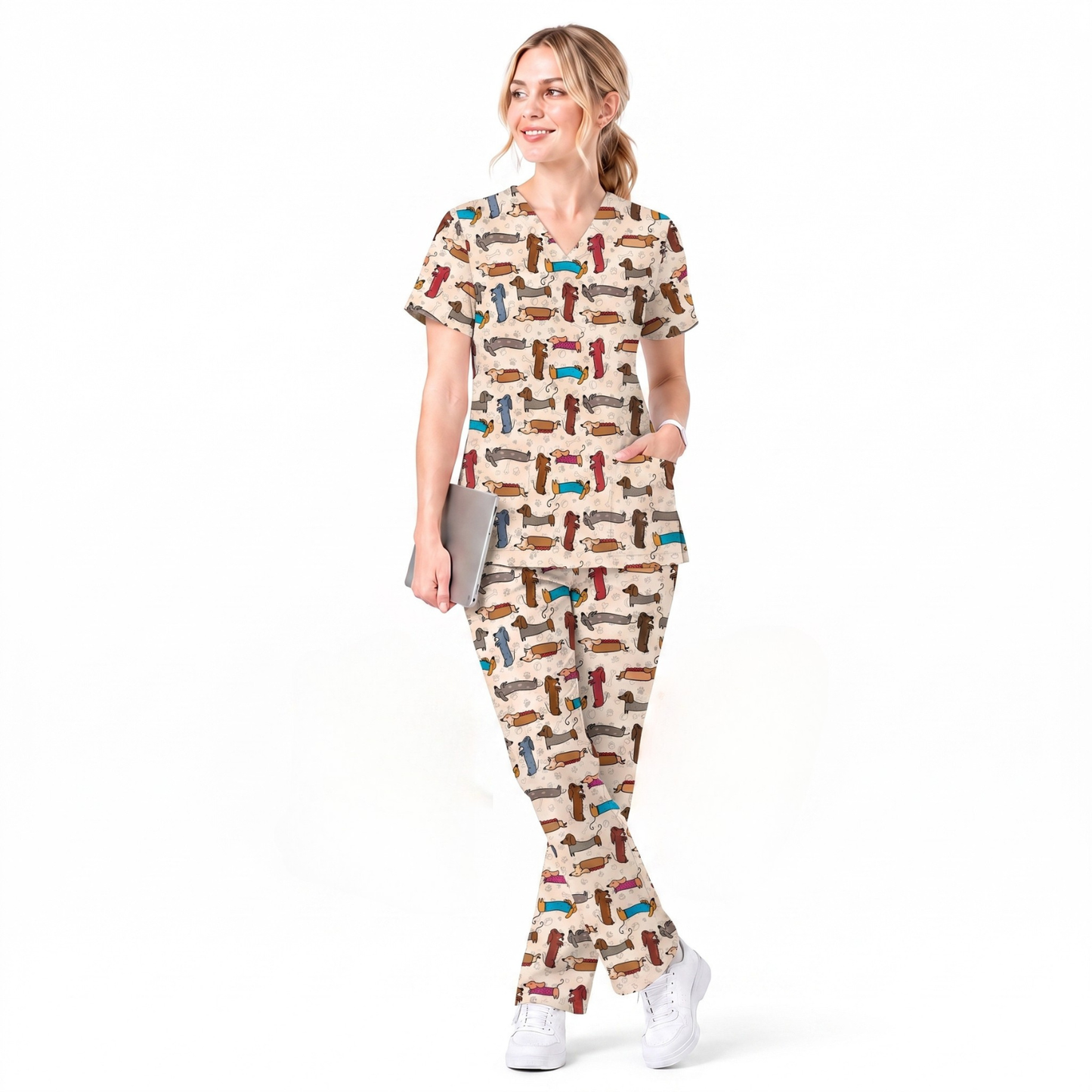 Cute Dachshund Scrub Top for Nurses, Funny Wiener Dog Print Medical Uniform Shirt, Sausage Dog Pattern Veterinary Workwear