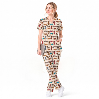 Cute Dachshund Scrub Top for Nurses, Funny Wiener Dog Print Medical Uniform Shirt, Sausage Dog Pattern Veterinary Workwear