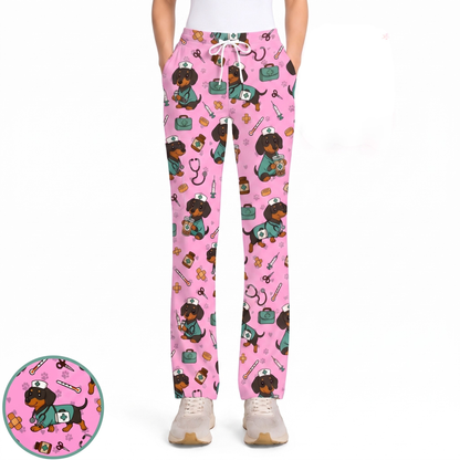 Funny Dachshund Pattern Medical Shirt Nursing, Cute Wiener Dog Nurse Scrub Top, Breathable Med Uniform, RN CNA Doctor Scrubs