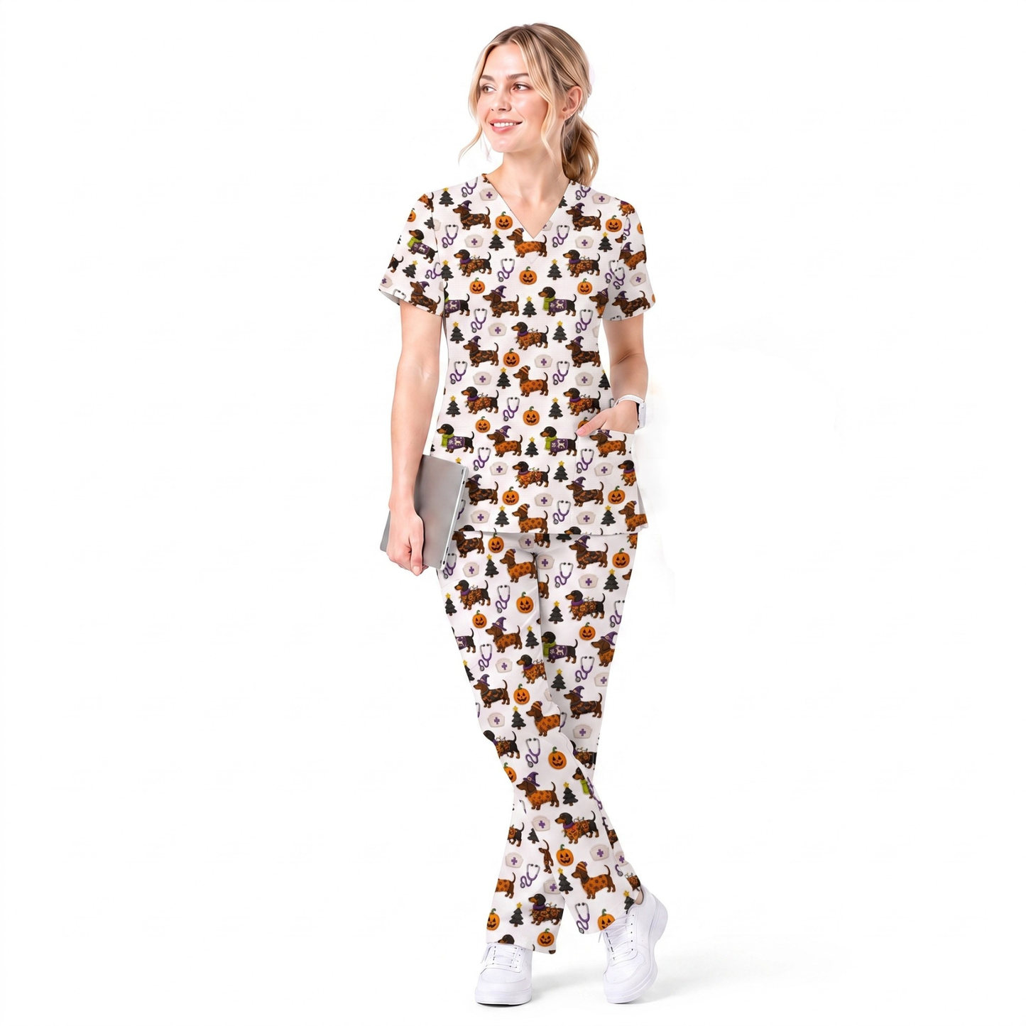 Funny Wiener Dog Pattern Scrub, Halloween Dachshund with Pumpkin Stethoscope Print Scrub Top, Breathable Fabrics Nursing Uniform (Copy)