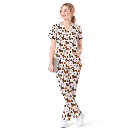 Funny Wiener Dog Pattern Scrub, Halloween Dachshund with Pumpkin Stethoscope Print Scrub Top, Breathable Fabrics Nursing Uniform (Copy)
