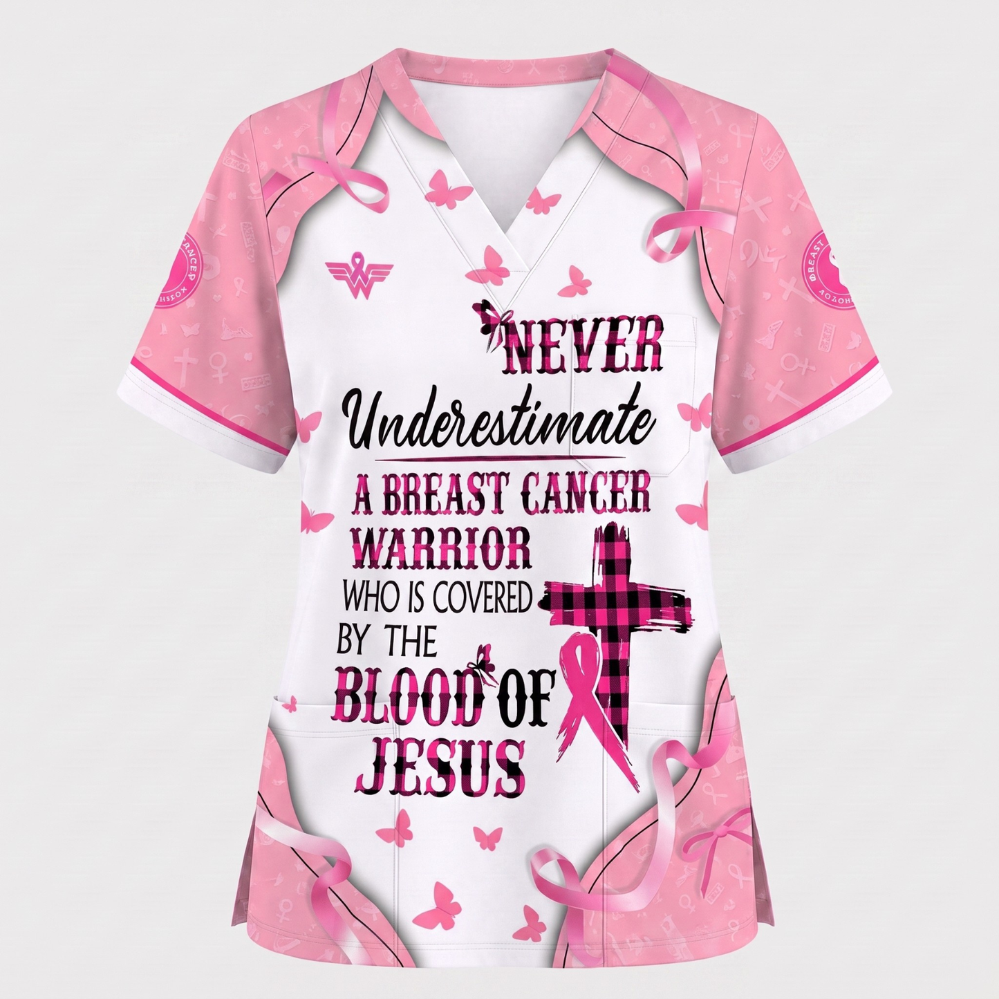 Christian Breast Cancer Awareness Shirt, Blood Of Jesus Quote Nursing Uniform, Gift for RN LPN CNA
