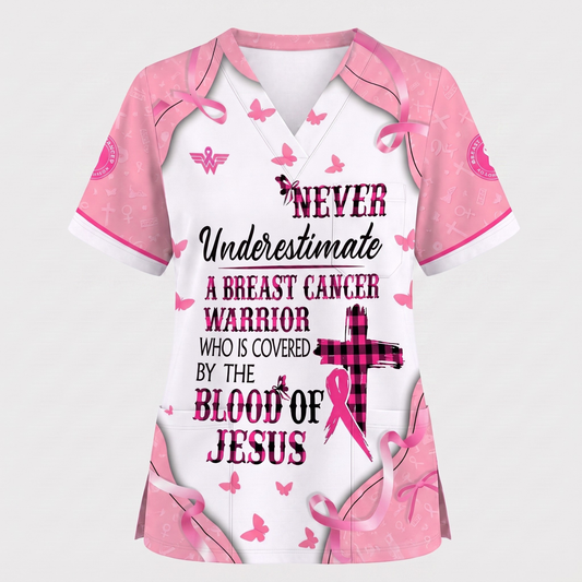 Christian Breast Cancer Awareness Shirt, Blood Of Jesus Quote Nursing Uniform, Gift for RN LPN CNA