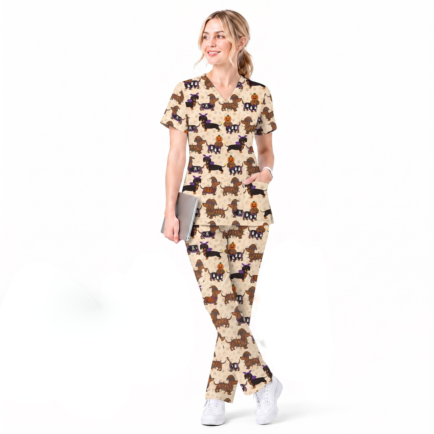 Funny Wiener Dog Pattern Scrub, Halloween Dachshund with Pumpkin Ghost Print Scrub Set, Breathable Fabrics Nursing Uniform