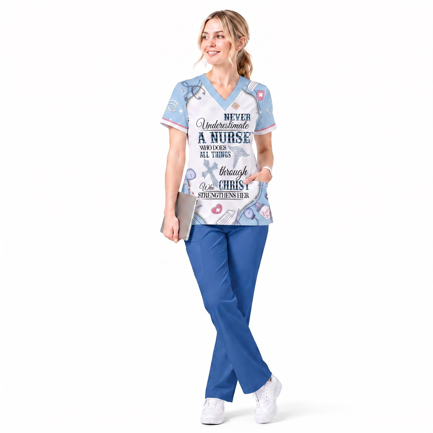 Nursing Faith Scrub For Women, Bible Verse All Things Through Christ Nurs Uniform, Religious Gift for Healthcare Professionals RN LPN CNA