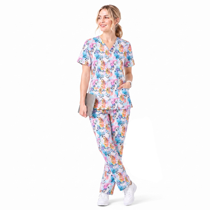 Cute Dog Pattern Scrub Top for Women, Colorful Cartoon Dogs Nursing Uniform, Funny Puppy Print Medical Scrub Shirt, Breathable Veterinary & Nurse Scrubs Gift