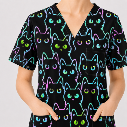Black Cat Scrub Shirt, Neon Cat Pattern Scrub Top, Breathable Fabrics Nursing Uniform
