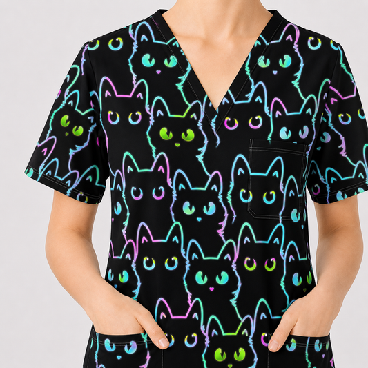 Black Cat Scrub Shirt, Neon Cat Pattern Scrub Top, Breathable Fabrics Nursing Uniform