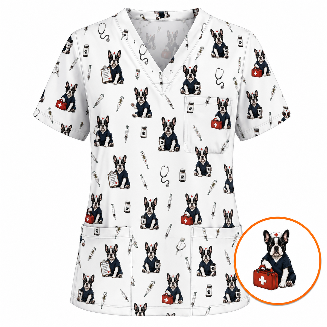 Frenchton Veterinary Scrub Top, Frenchton Vet Nurse Uniform for Animal Lovers, Comfortable Veterinary Scrubs for Veterinary Professionals