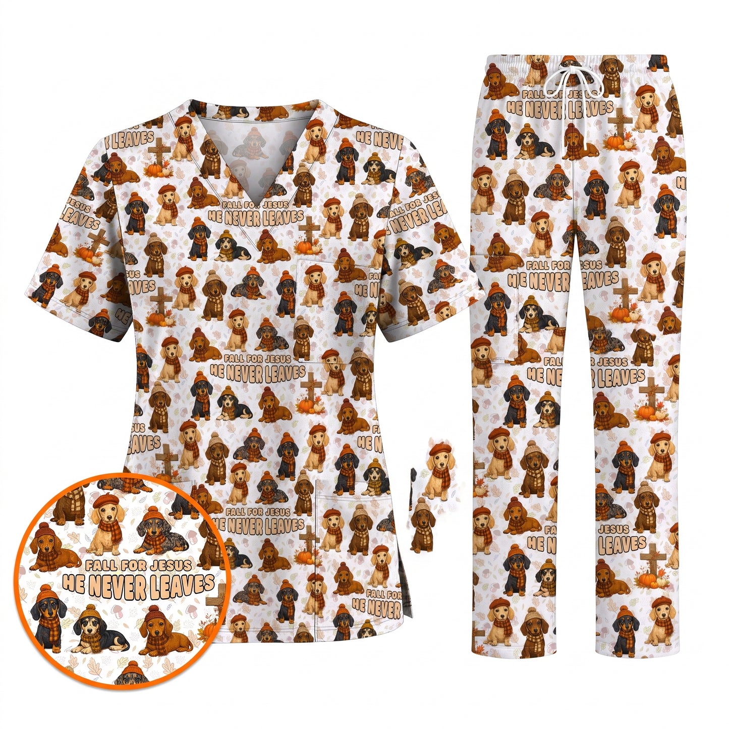 Autumn Dachshund Scrub Top, Wiener Dog Fall Nursing Uniform for Dog Lovers, Comfortable Scrubs for Nurses