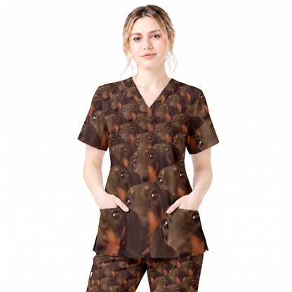 Funny Dachshund Scrub Shirt, Wiener Dog Face Scrub Top for Women, Cute Animal Scrubs Gift for Nurse, CNA, RN, Doctor