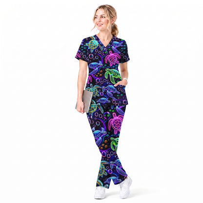 Ocean Pattern Scrub, Neon Sea Turtle Swimming Bubble Ocean Scrub Top, Breathable Fabrics Nursing Uniform