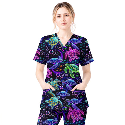 Ocean Pattern Scrub, Neon Sea Turtle Swimming Bubble Ocean Scrub Top, Breathable Fabrics Nursing Uniform
