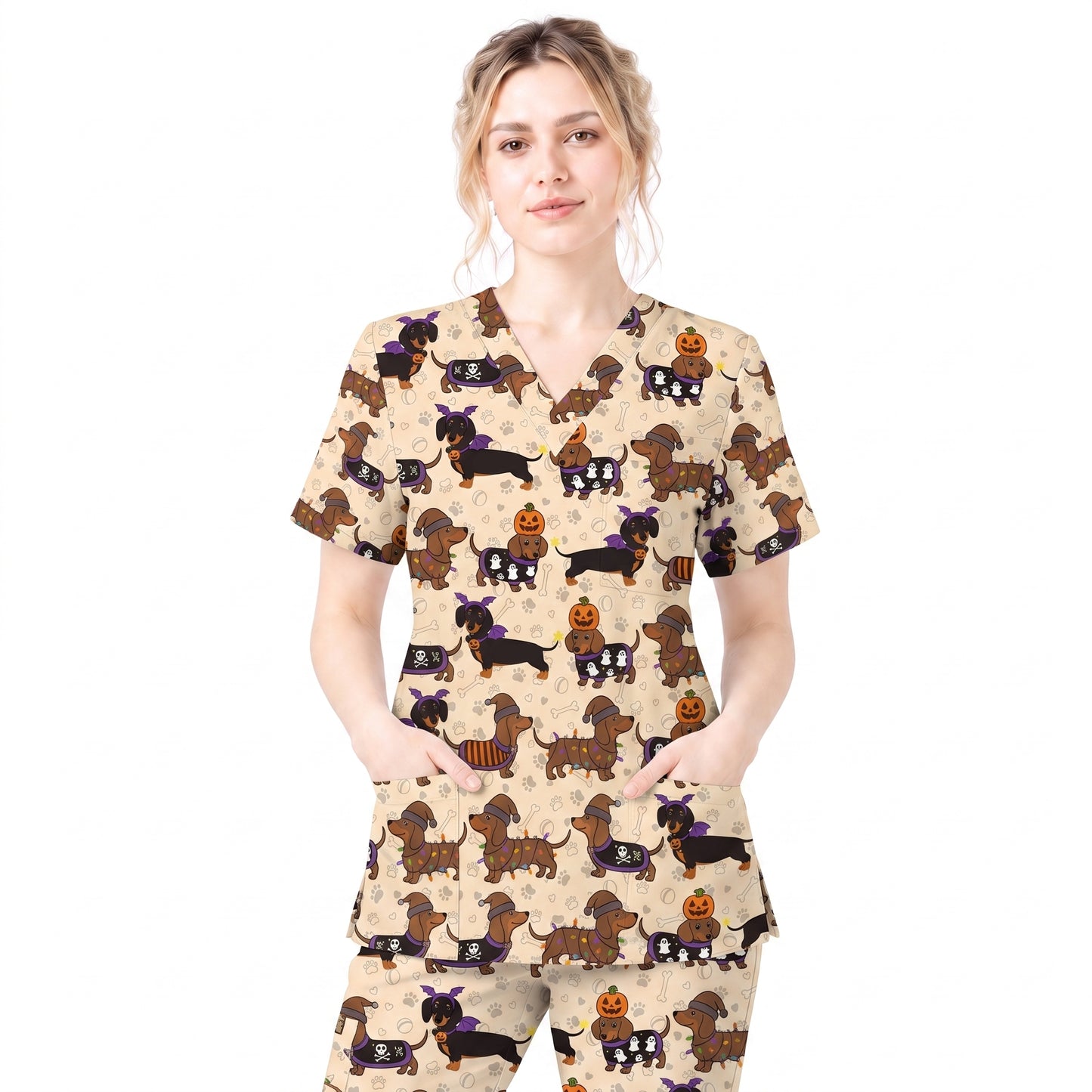 Funny Wiener Dog Pattern Scrub, Halloween Dachshund with Pumpkin Ghost Print Scrub Set, Breathable Fabrics Nursing Uniform