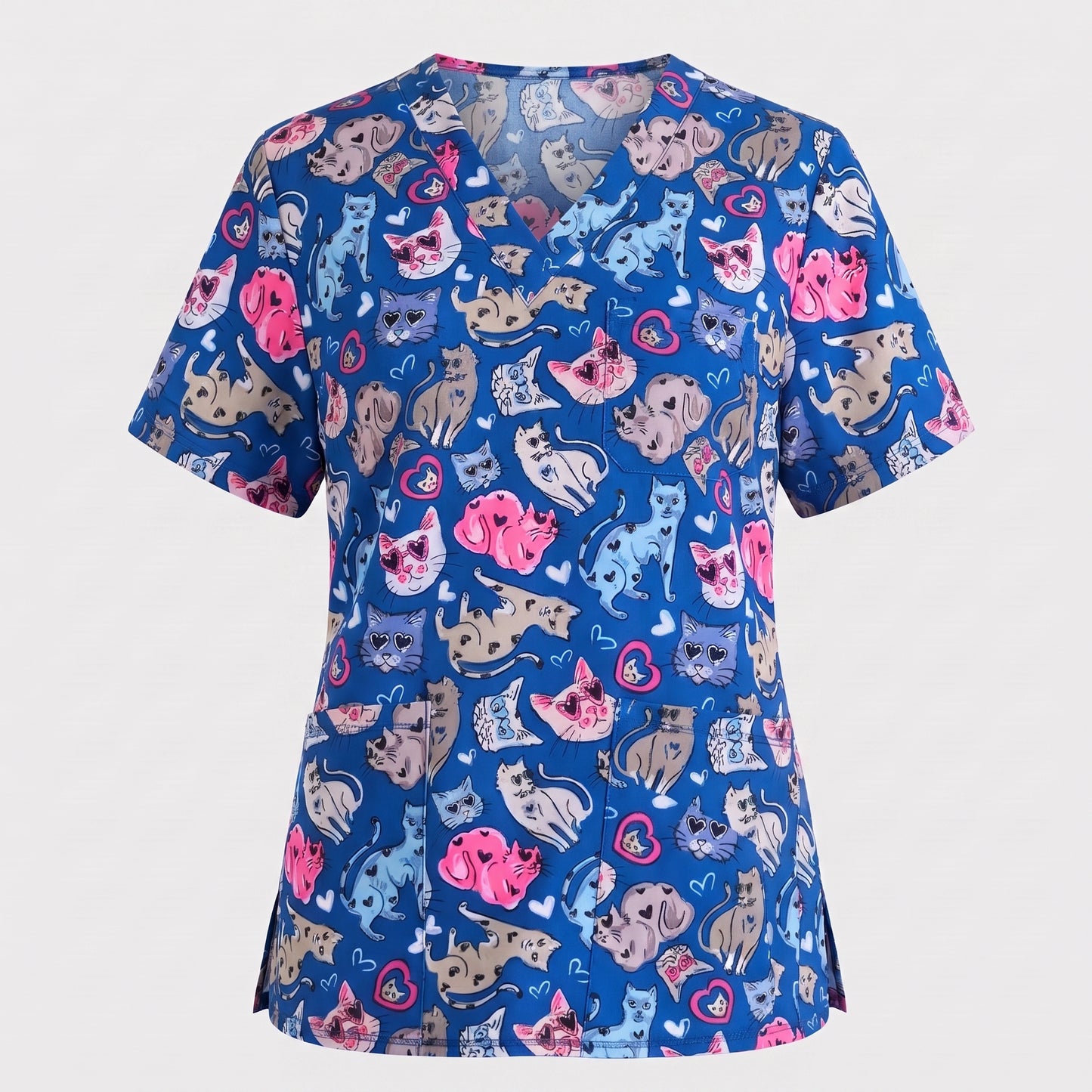 Essence I Love Kitties Scrub Top, Funny Cats Scrub Top for Women, Breathable Fabrics Nursing Uniform