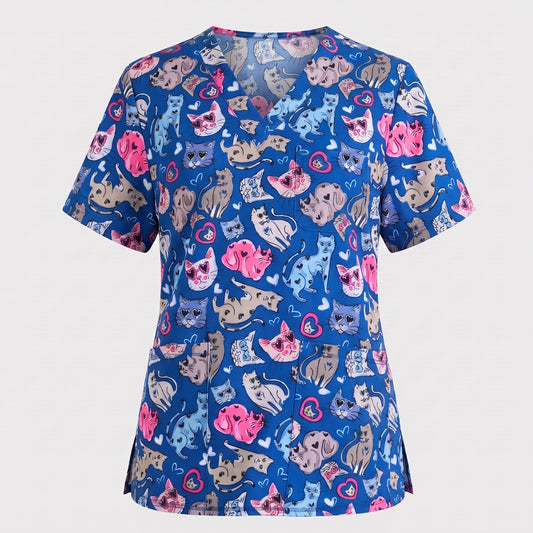 Essence I Love Kitties Scrub Top, Funny Cats Scrub Top for Women, Breathable Fabrics Nursing Uniform