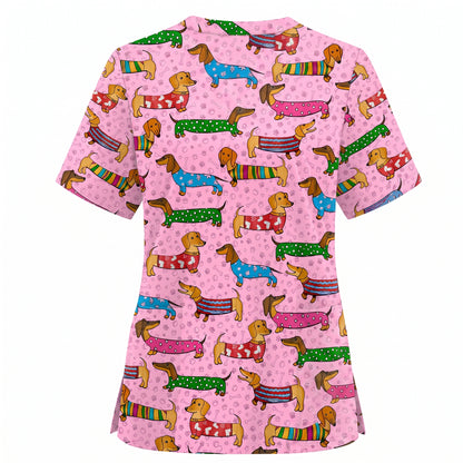 Dachshund Dog Scrub Top, Funny Wiener Dog Scrubs For Nursing, RN LPN CNA Healthcare Workers Gift