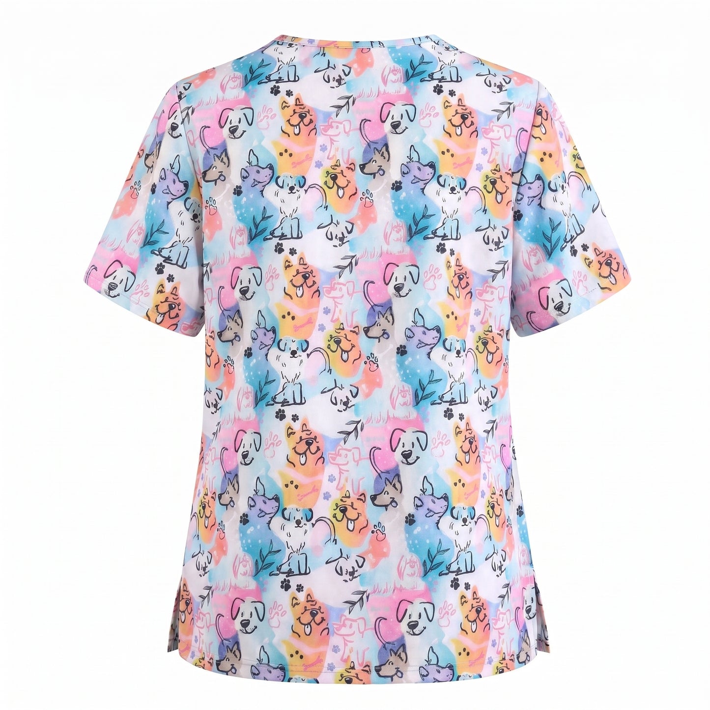 Cute Dog Pattern Scrub Top for Women, Colorful Cartoon Dogs Nursing Uniform, Funny Puppy Print Medical Scrub Shirt, Breathable Veterinary & Nurse Scrubs Gift