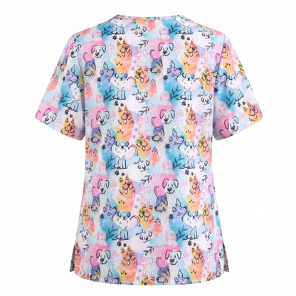 Cute Dog Pattern Scrub Top for Women, Colorful Cartoon Dogs Nursing Uniform, Funny Puppy Print Medical Scrub Shirt, Breathable Veterinary & Nurse Scrubs Gift