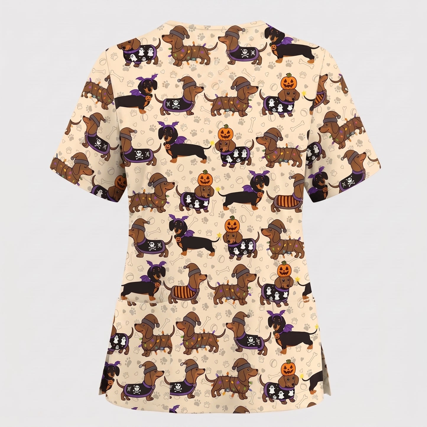 Funny Wiener Dog Pattern Scrub, Halloween Dachshund with Pumpkin Ghost Print Scrub Set, Breathable Fabrics Nursing Uniform